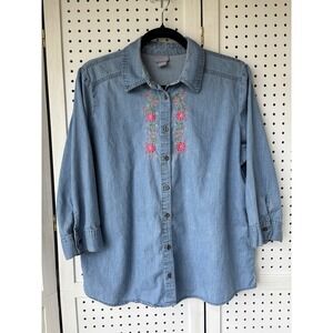 Karen Scott Denim Chambray Button Down 3/4 SLV Shirt Floral Embroidery Women's L